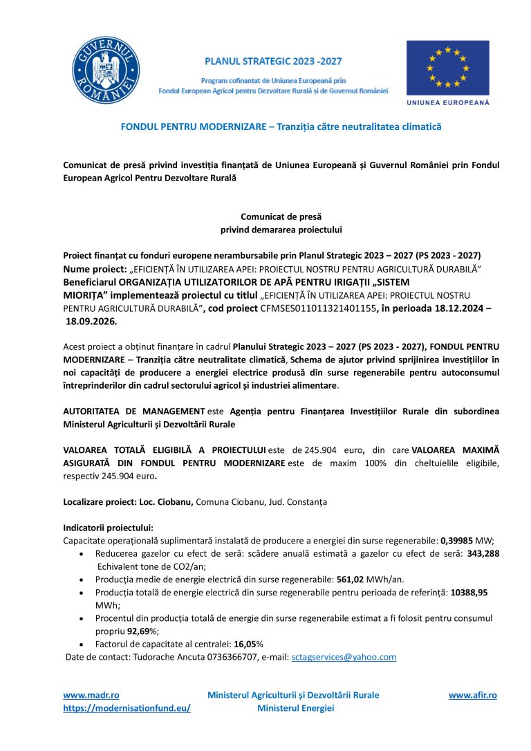 Comunicat de presã OUAI SISTEM MIORIȚA