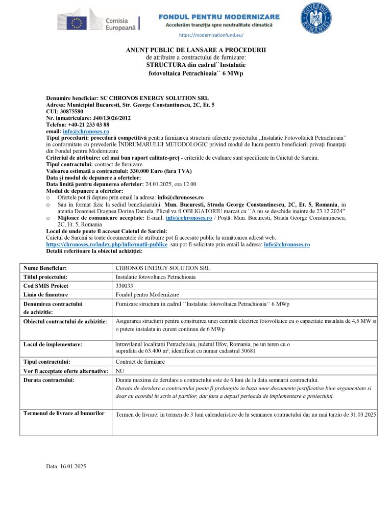 Comunicat de presă SC CHRONOS ENERGY SOLUTION SRL