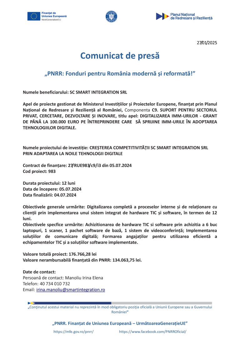 Comunicat de presă SC SMART INTEGRATION SRL