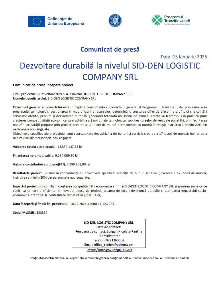 Comunicat de presă SID-DEN LOGISTIC COMPANY SRL