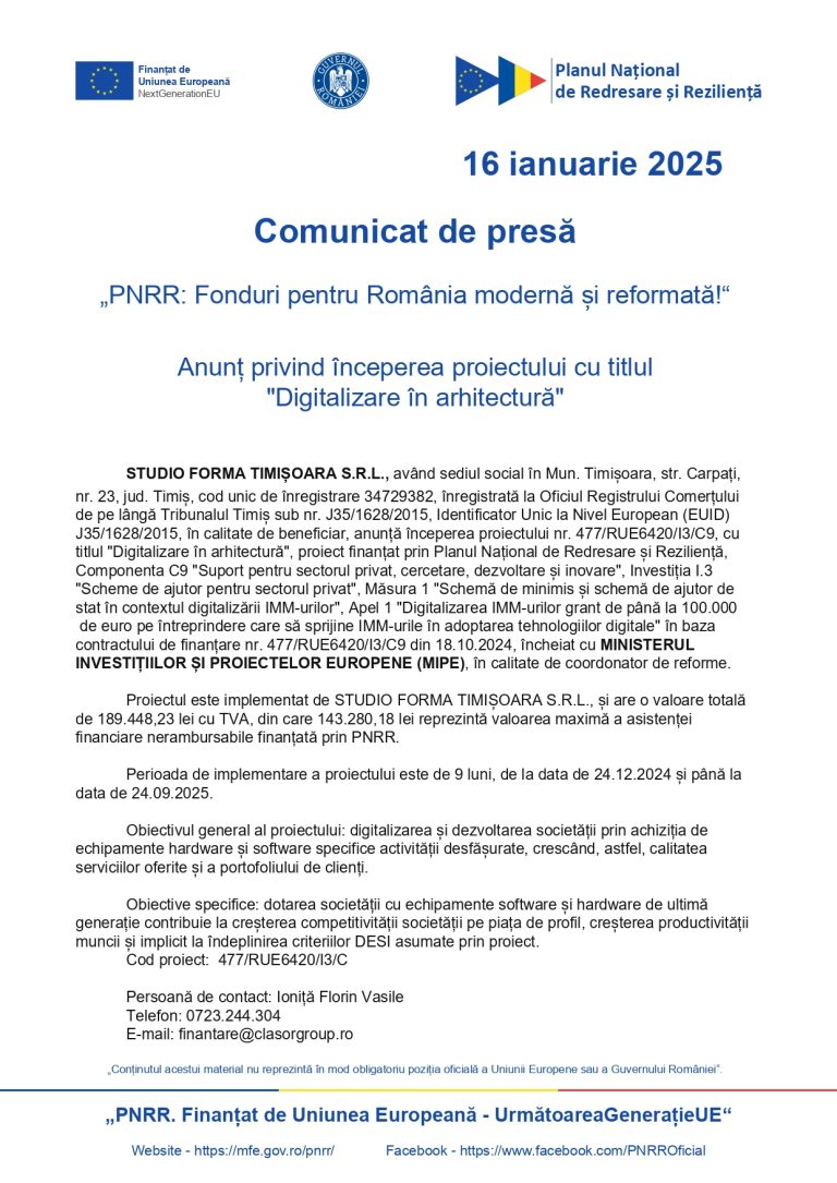 Comunicat de presă STUDIO FORMA TIMISOARA SRL