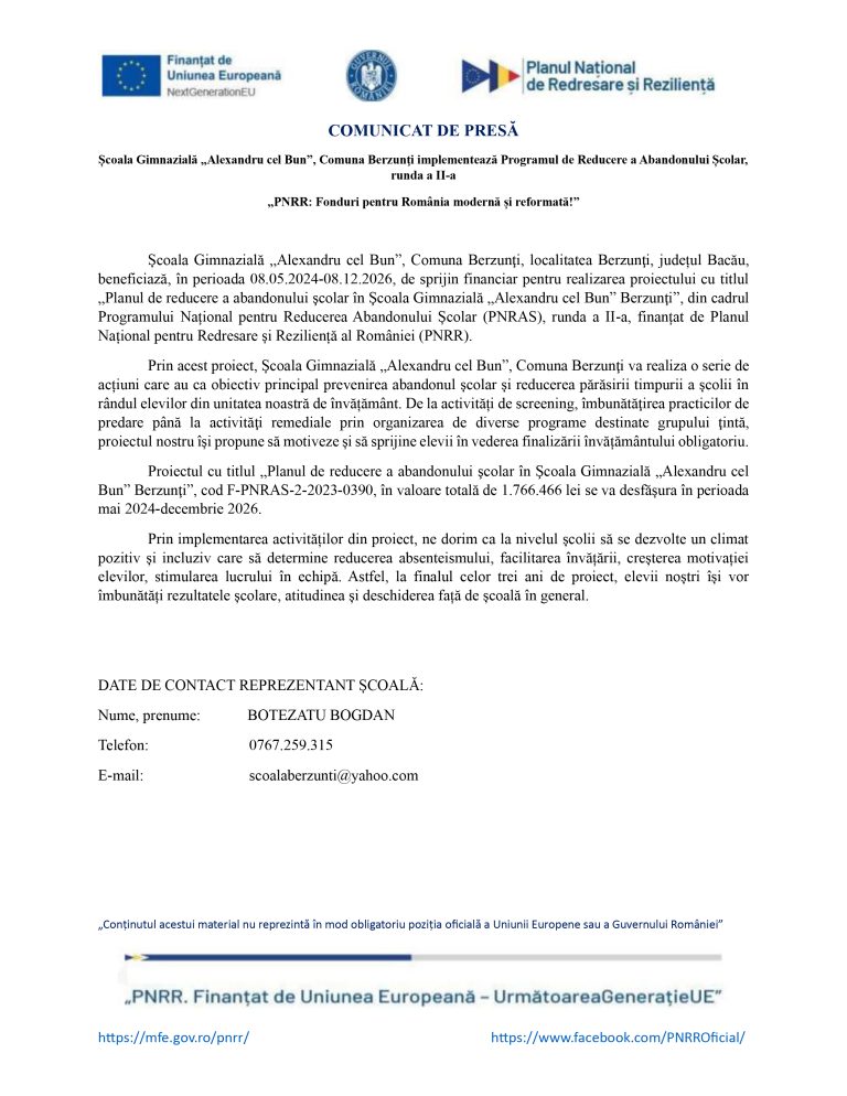 Comunicat de presa Scoala Gimnaziala „Alexandru cel Bun” -Comuna Berzunti