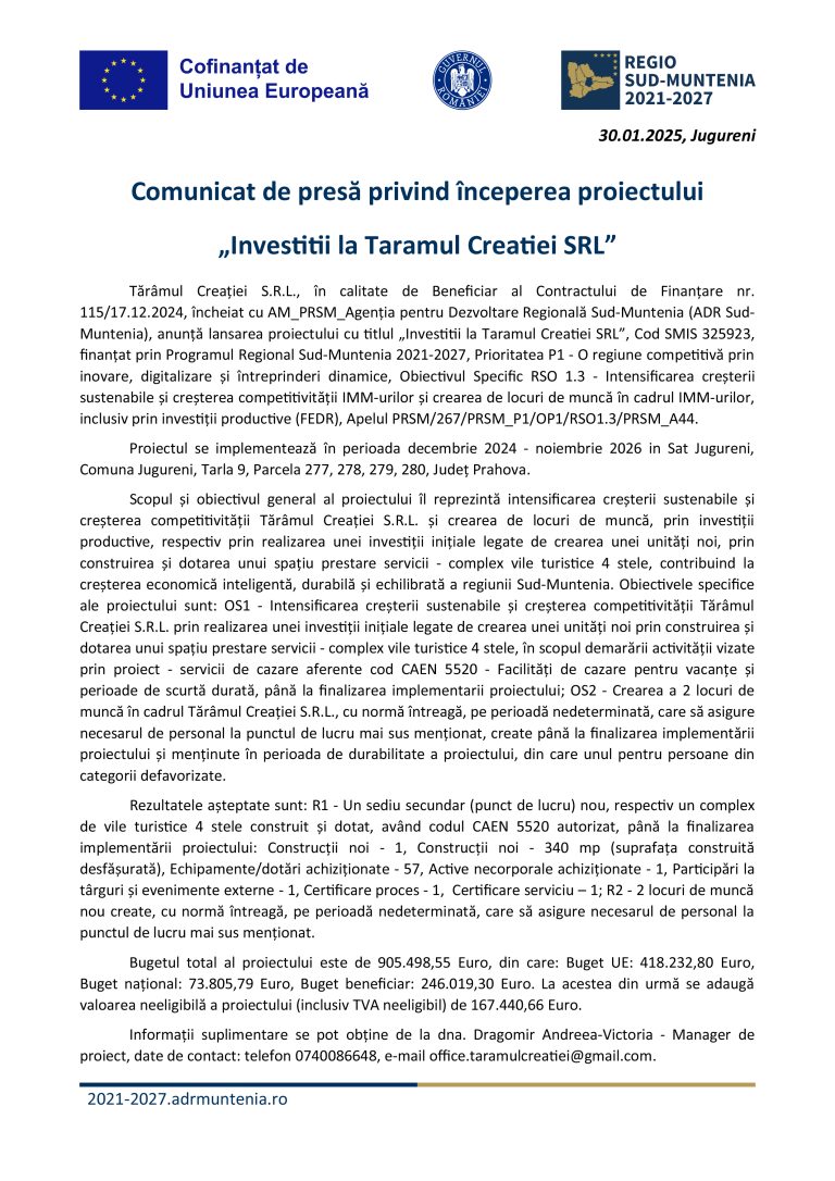 Comunicat de presă Tărâmul Creației S.R.L.