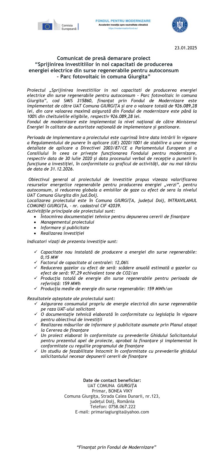 Comunicat de presă UAT Comuna Giurgița