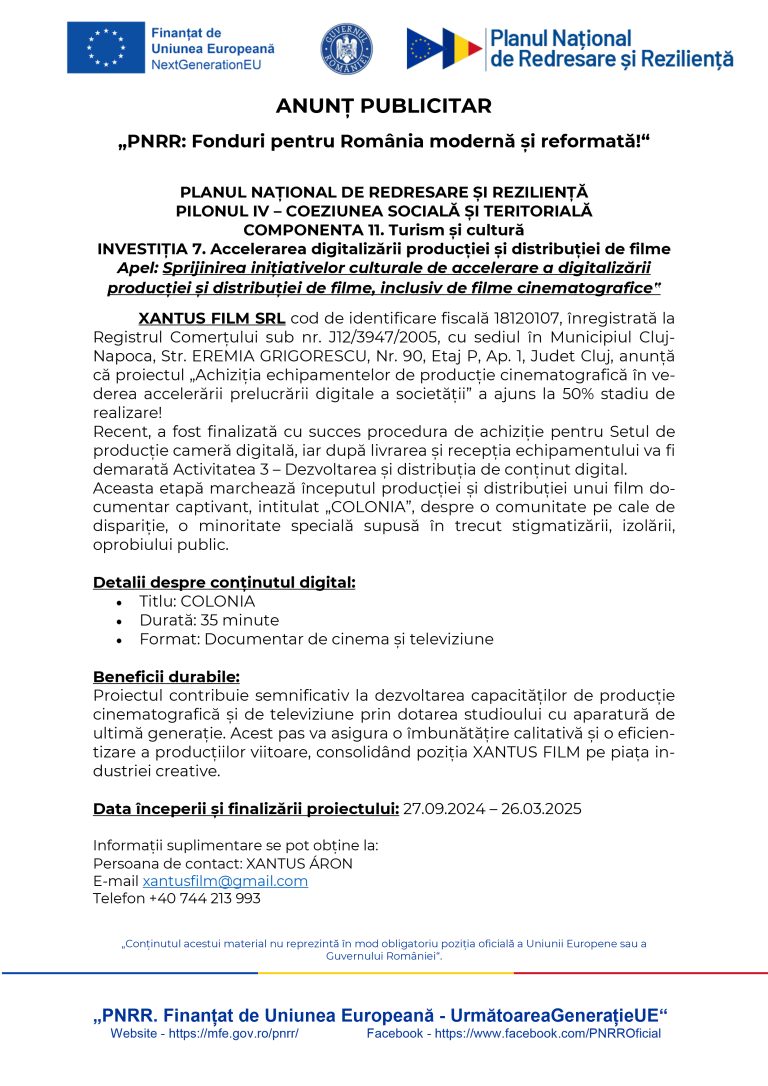 Comunicat de presă XANTUS FILM SRL
