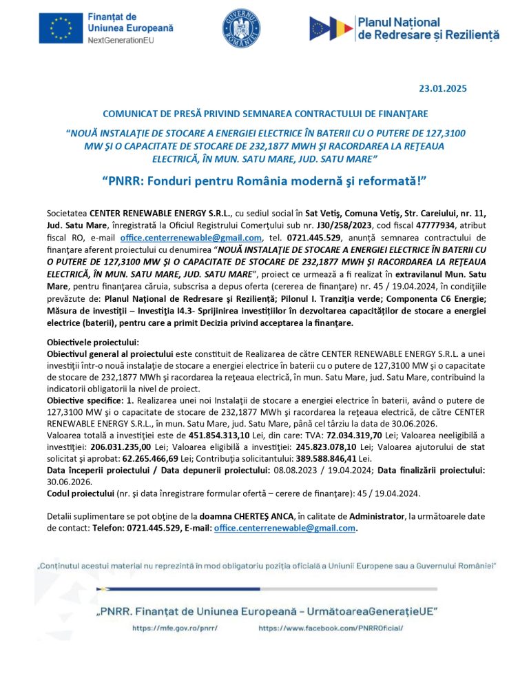 Comunicat de presă CENTER RENEWABLE ENERGY SRL