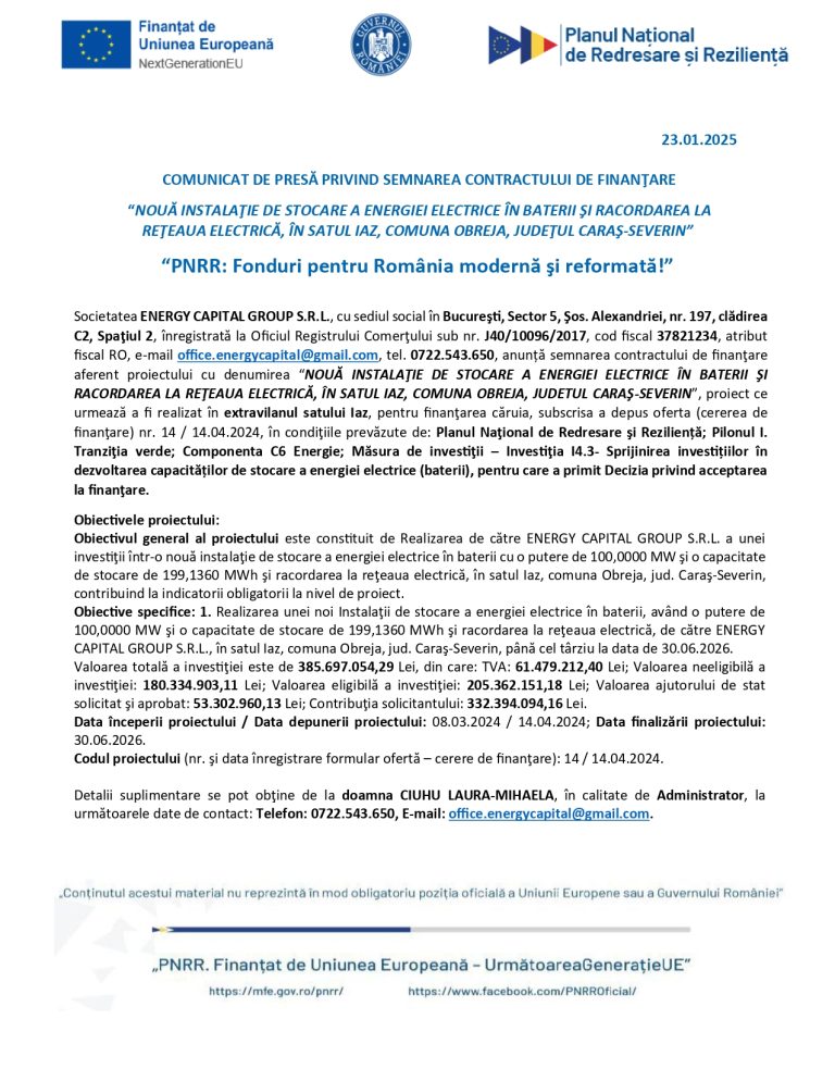 Comunicat de presă ENERGY CAPITAL GROUP SRL
