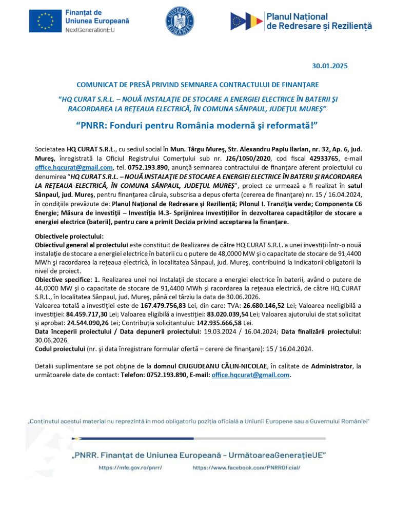Comunicat de presă HQ CURAT SRL