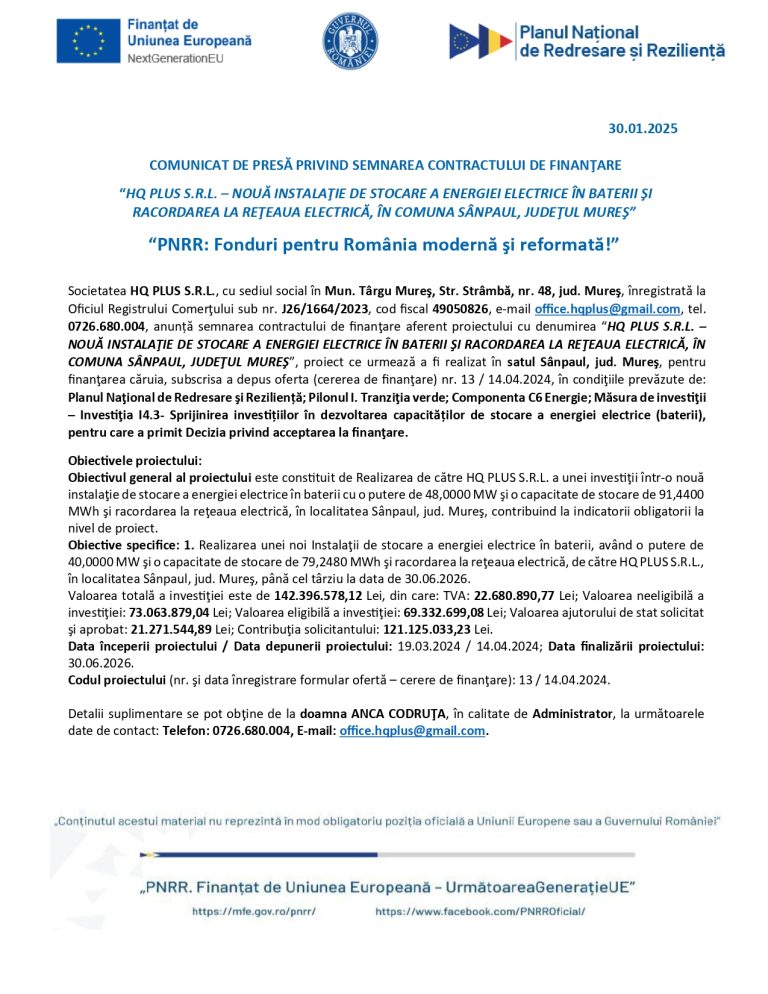 Comunicat de presă HQ PLUS SRL