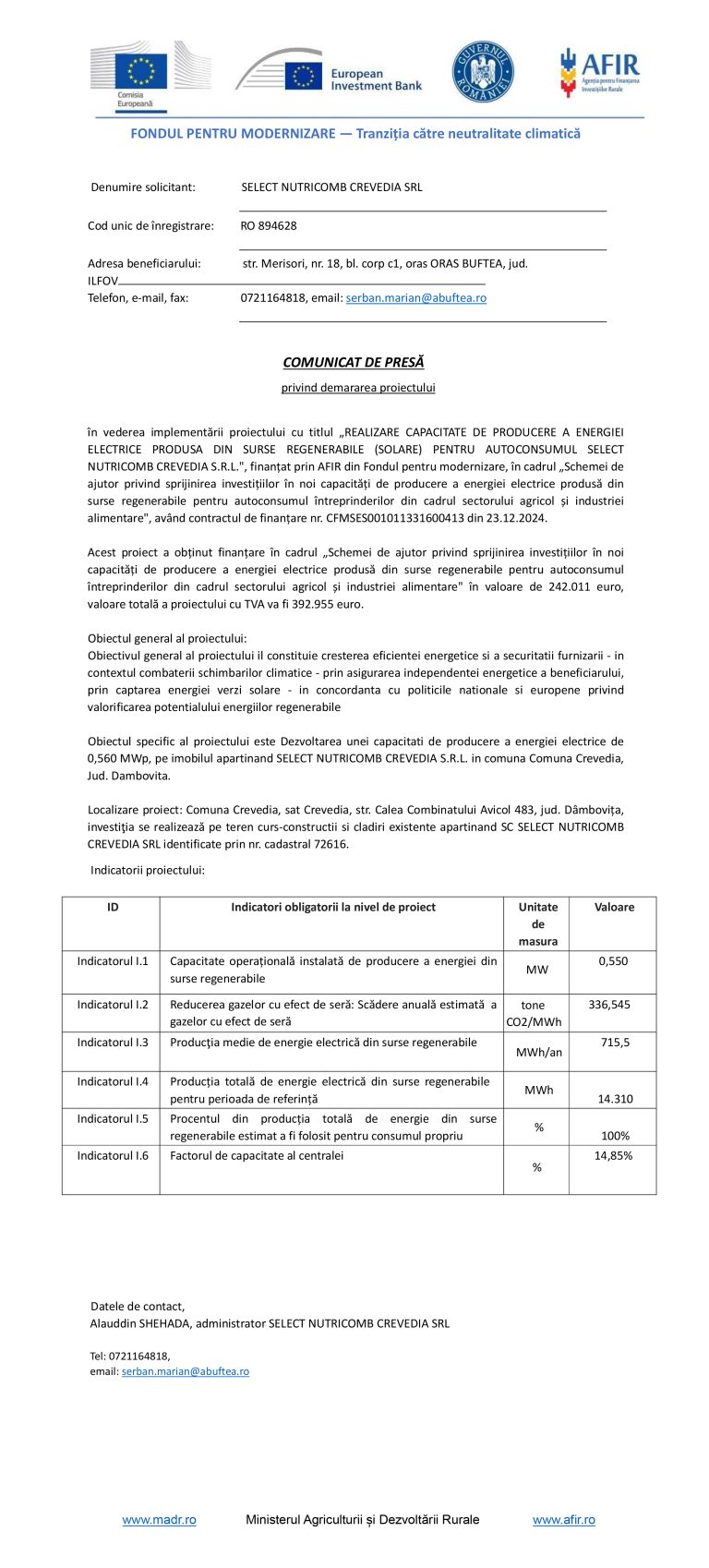 Comunicat de presă SELECT NUTRICOMB CREVEDIA SRL