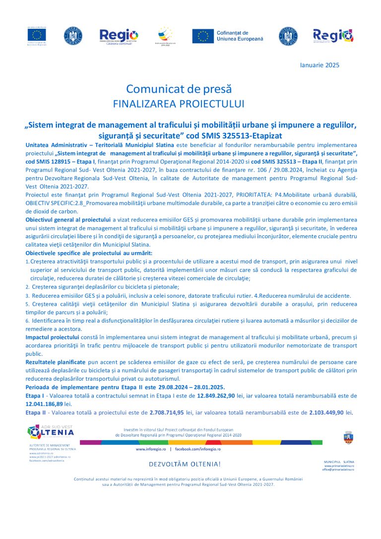 Comunicat de presă Unitatea Administrativ Teritorială Municipială Slatina