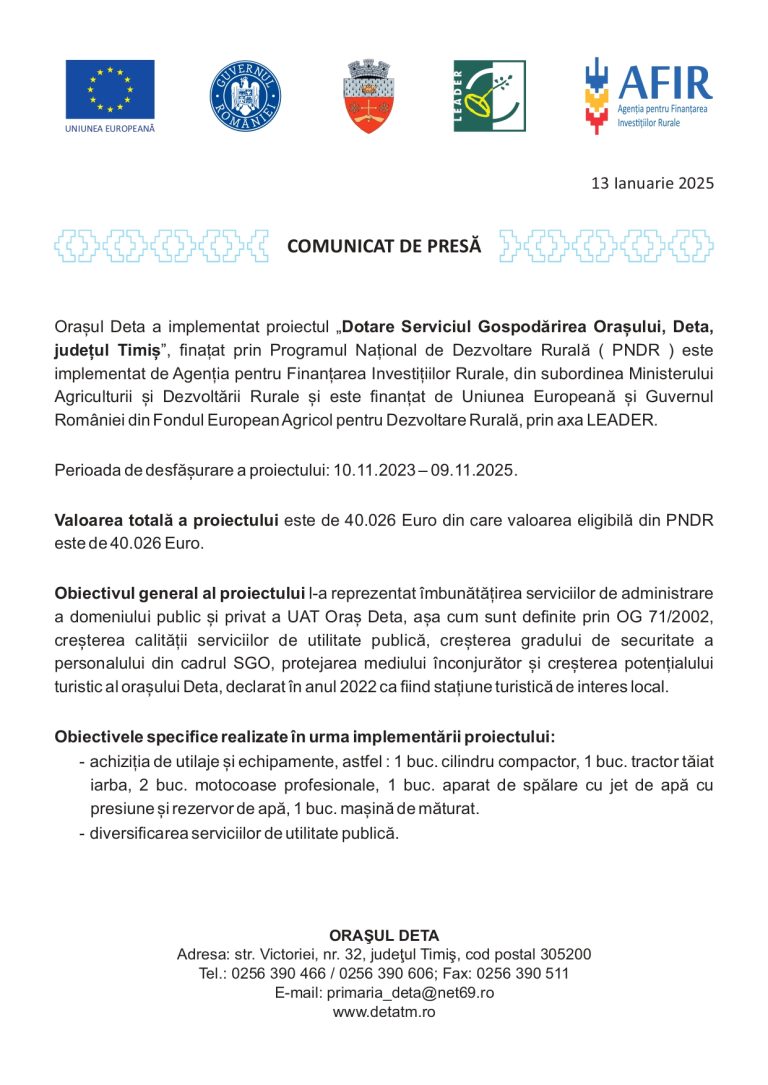 Comunicat de presă Orașul Deta