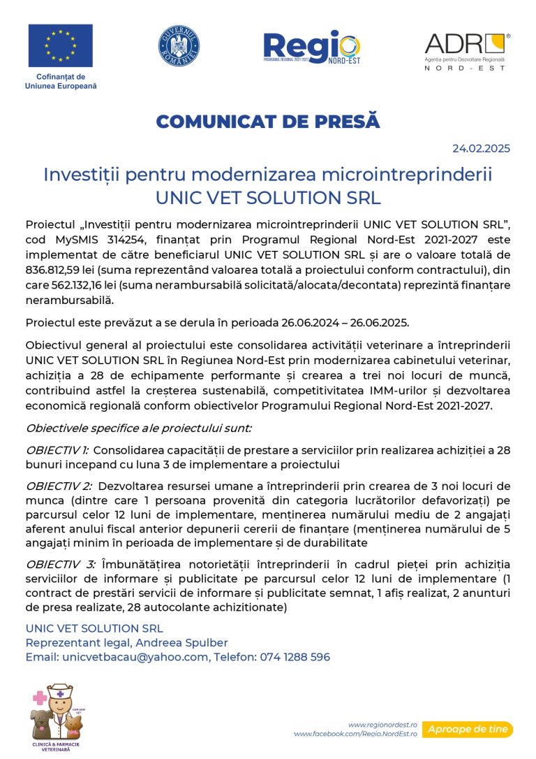 Comunicat de presă UNIC VET SOLUTION SRL