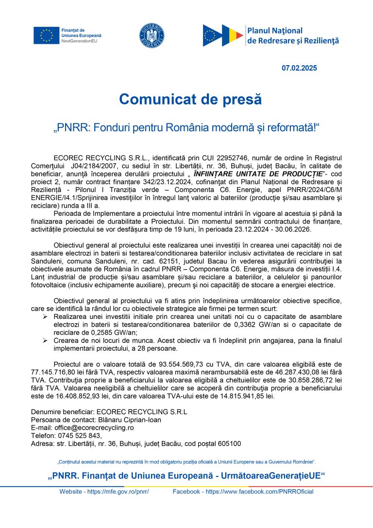 Comunicat de presă ECOREC RECYCLING S.R.L.