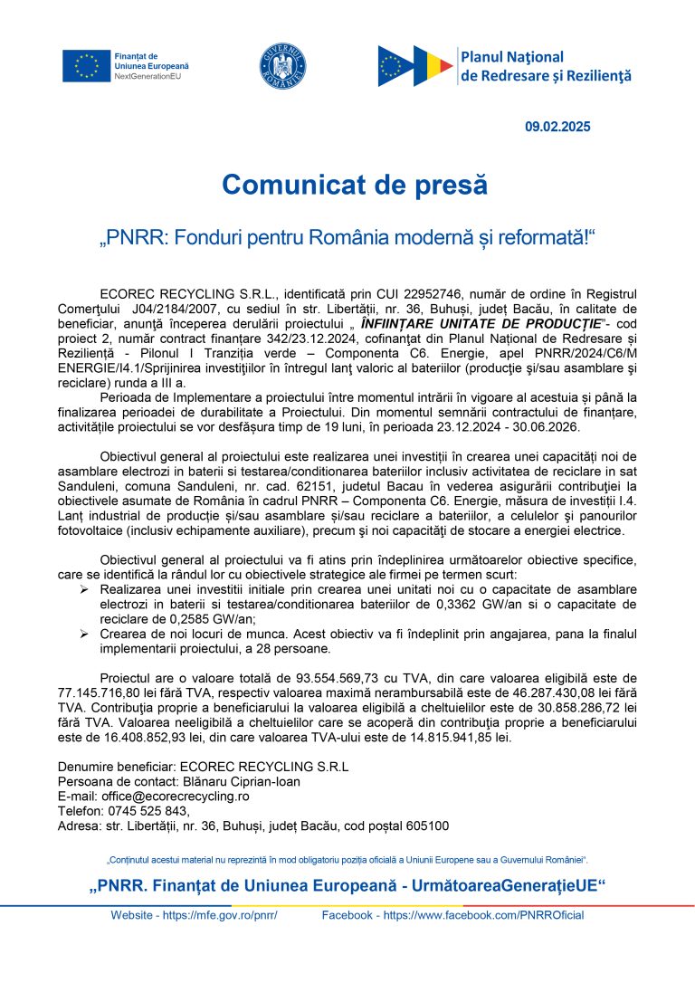 Comunicat de presă ECOREC RECYCLING S.R.L.