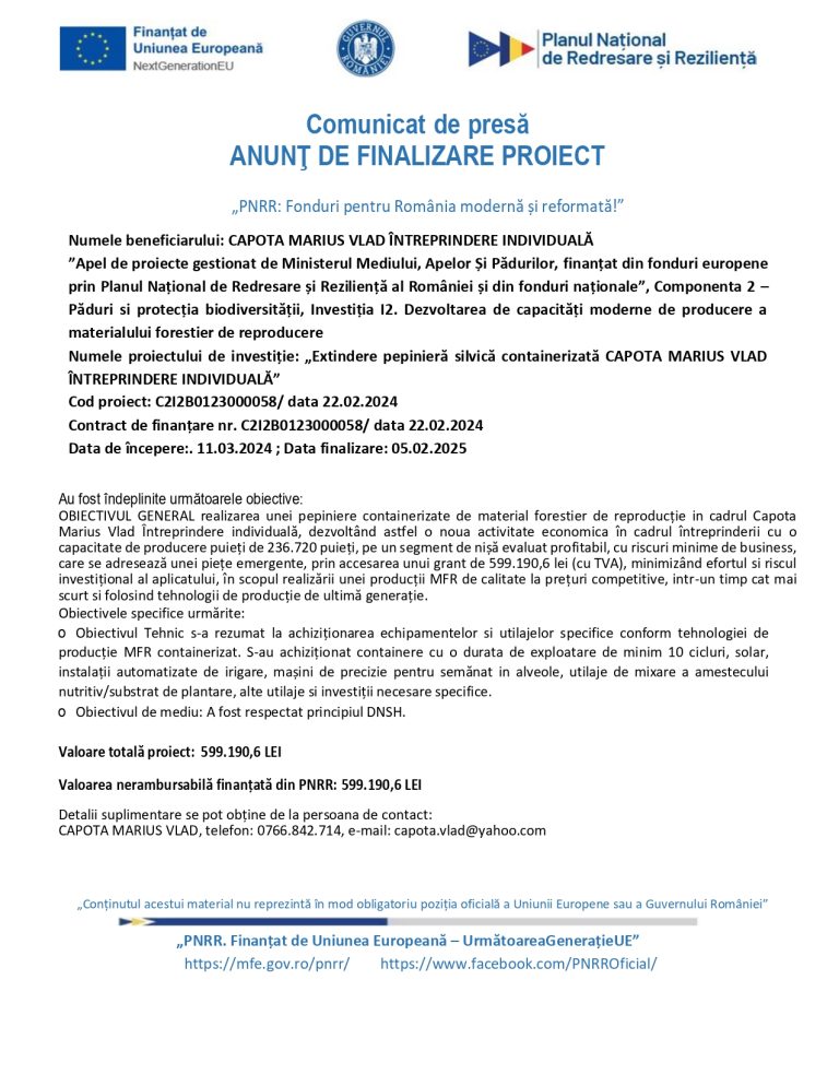 Comunicat de presă Capota Marius Vlad Întreprindere Individuală