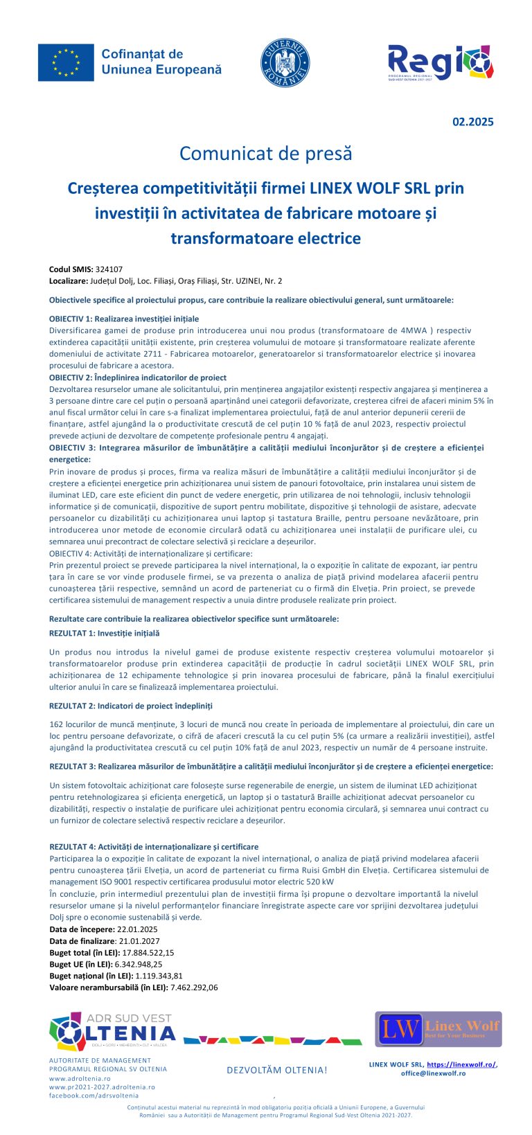 Comunicat de presă LINEX WOLF SRL