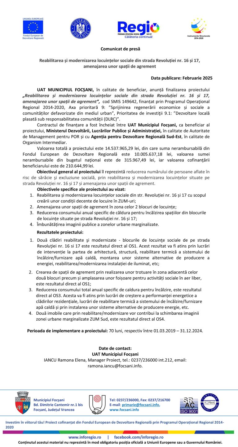 Comunicat de presă UAT MUNICIPIUL FOCȘANI
