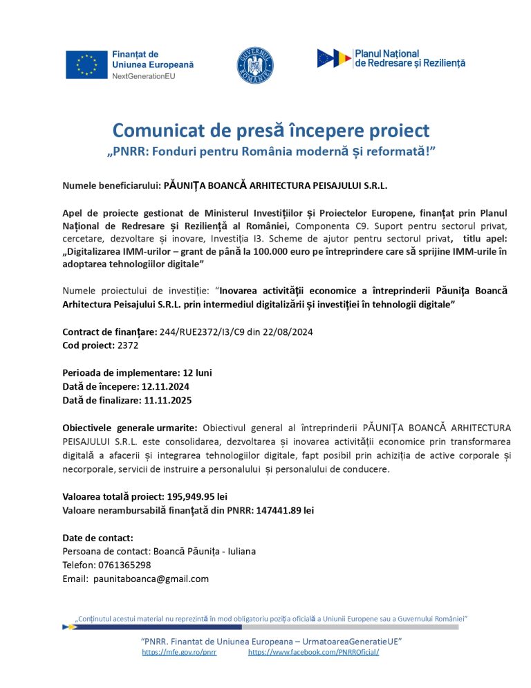 Comunicat de presă PAUNITA BOANCA ARHITECTURA PEISAJULUI SRL