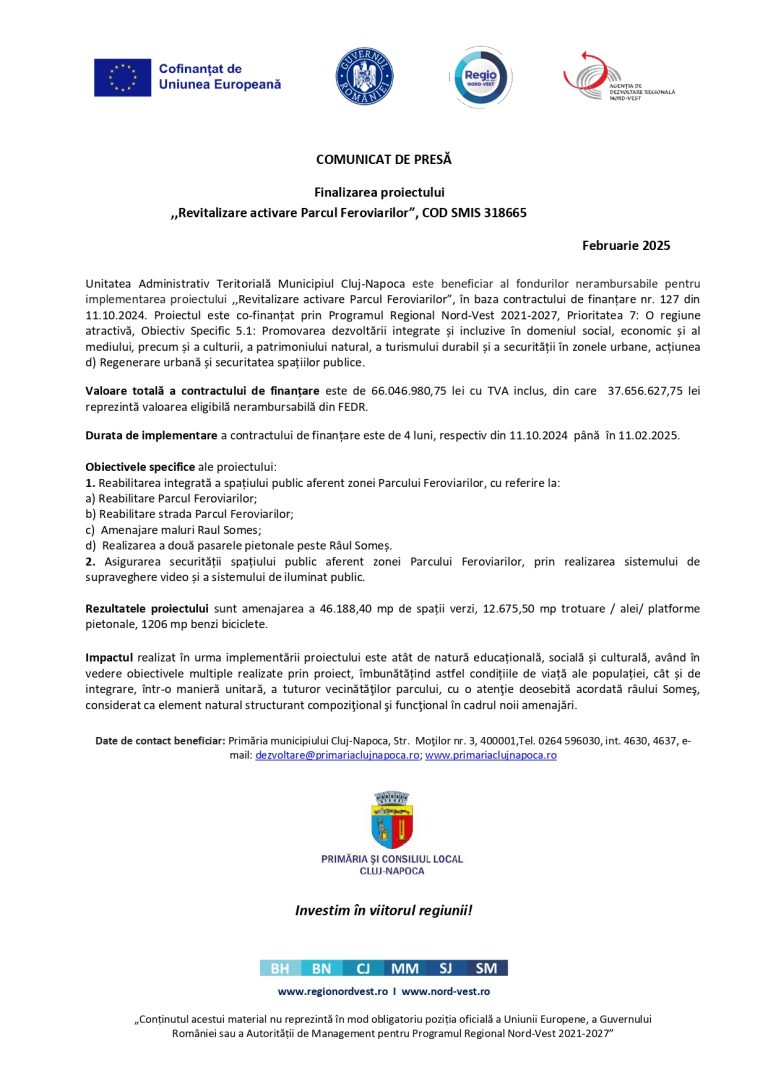 Comunicat de presă Unitatea Administrativ Teritorială Cluj-Napoca