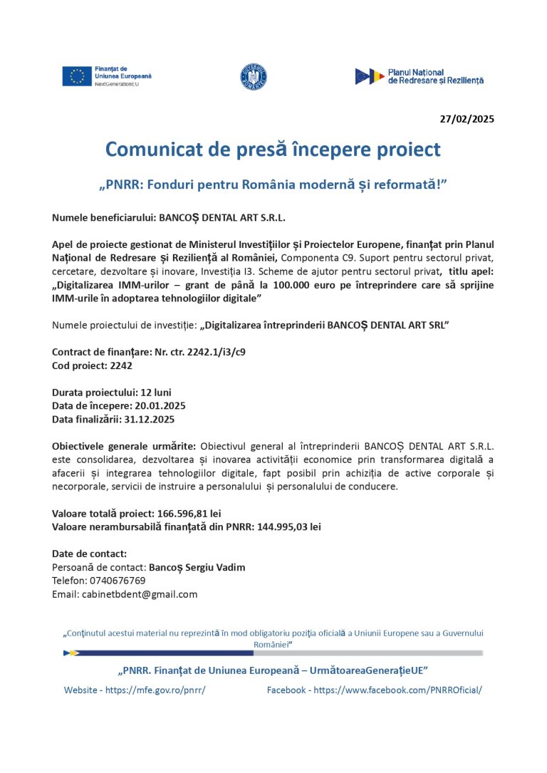 Comunicat de presă BANCOȘ DENTAL ART SRL