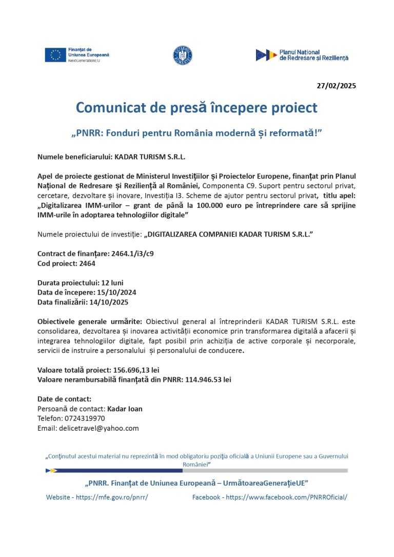Comunicat de presă KADAR TURISM SRL