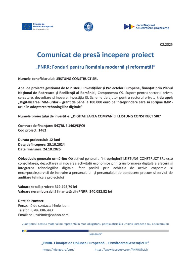 Comunicat de presă LESTUNG CONSTRUCT SRL