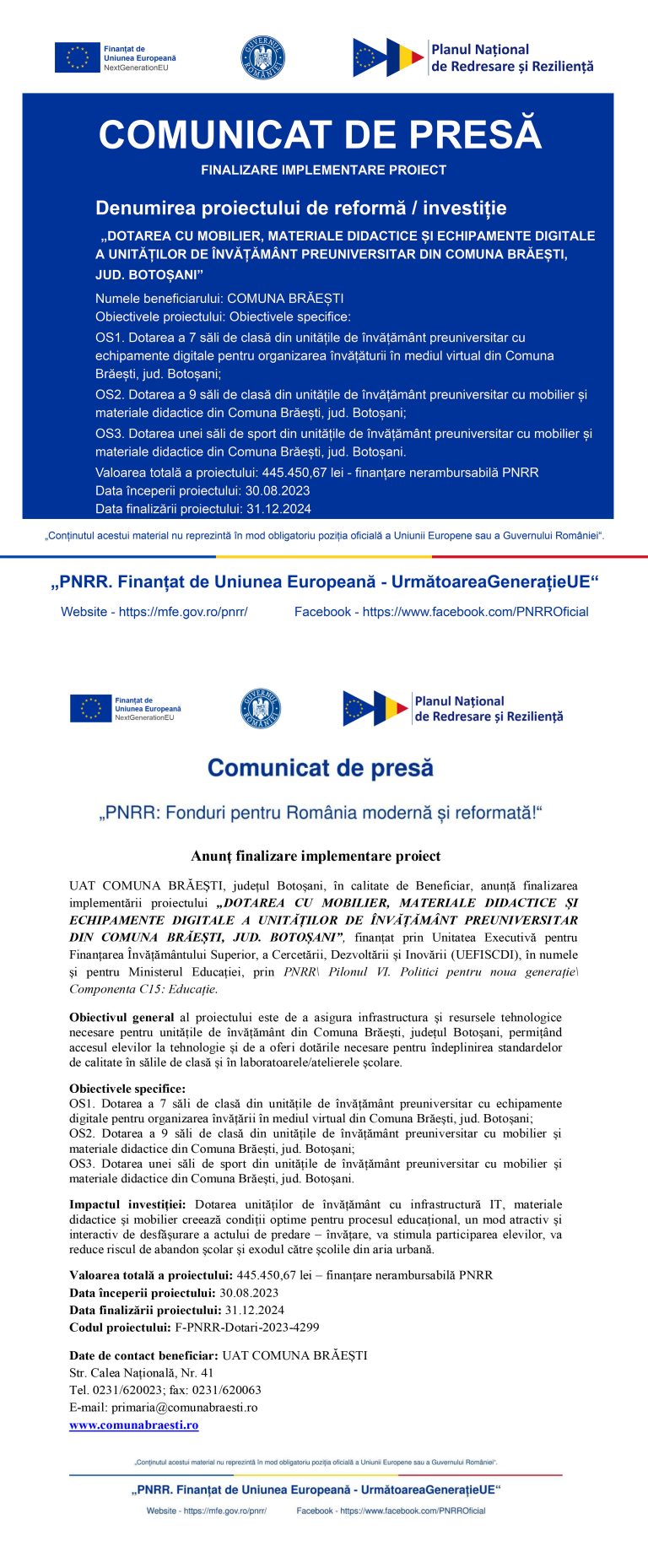 Comunicat de presă Comuna Brăești