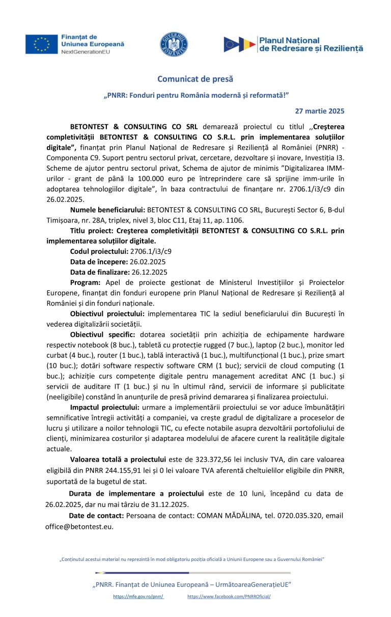 Comunicat de presă BETONTEST &CONSULTING CO SRL
