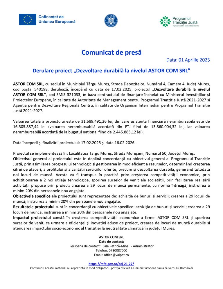 Comunicat de presă ASTOR COM SRL
