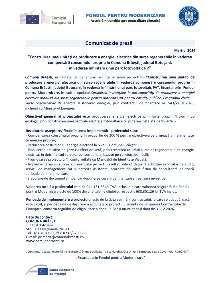 Comunicat de presă Comuna Brăești