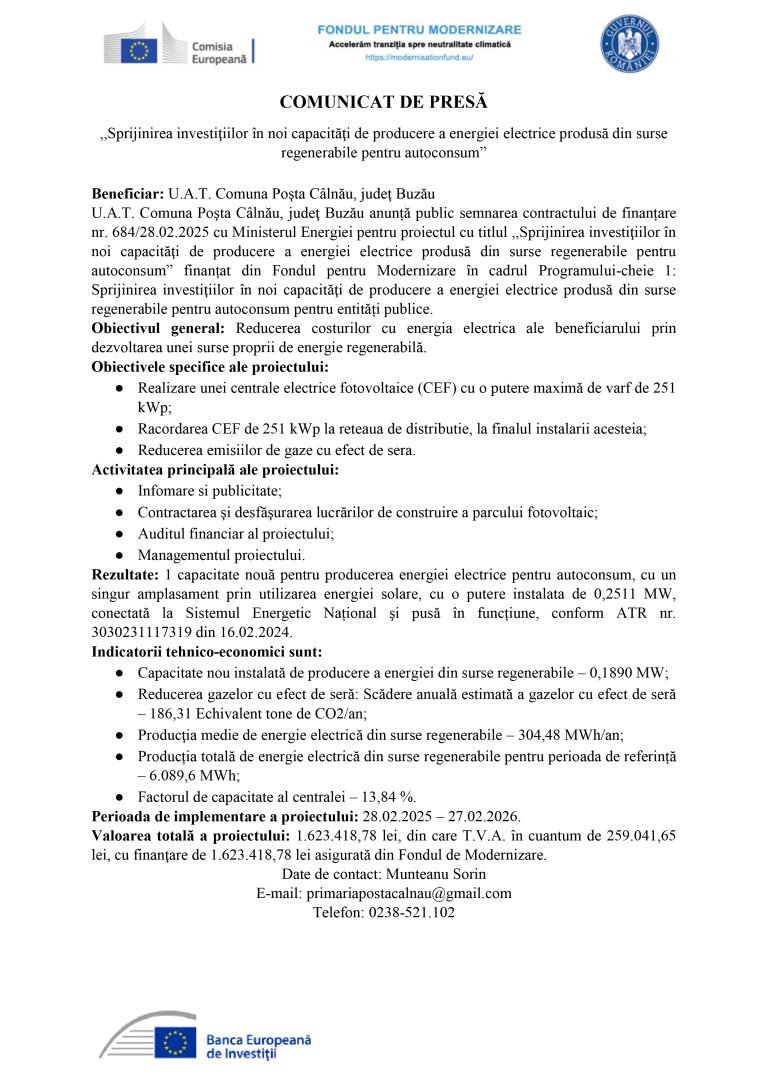 Comunicat de presă Comuna Poșta Câlnău