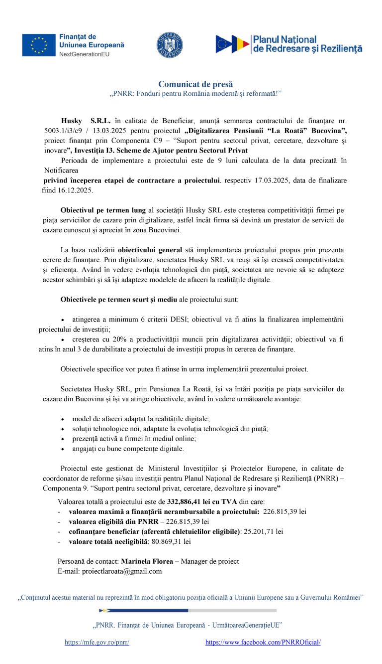 Comunicat de presă Husky  S.R.L.
