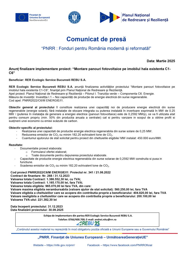 Comunicat de presă RER Ecologic Service Bucuresti REBU S.A