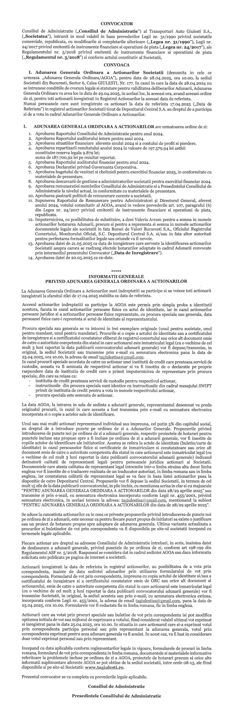 Convocator AGOA Transporturi Auto Giulesti SA