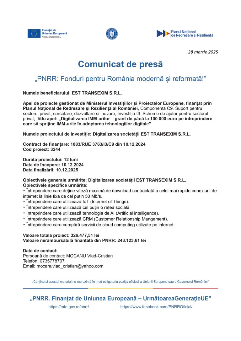 Comunicat de presă EST TRANSEXIM S.R.L.