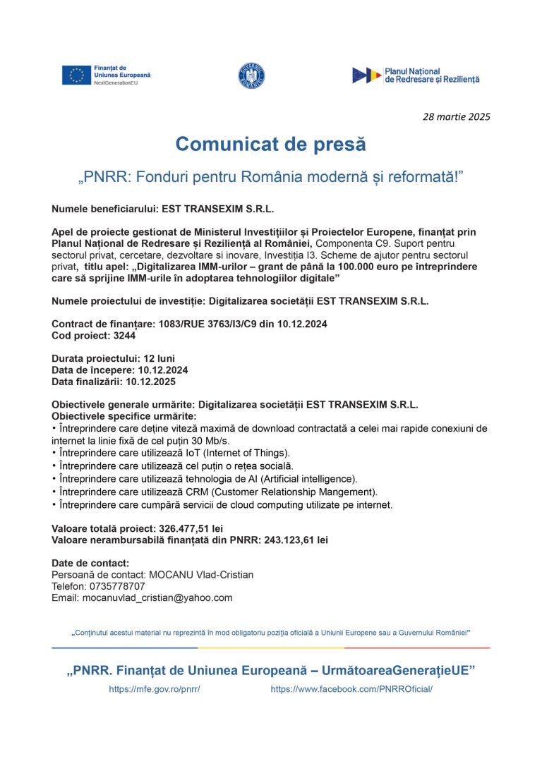 Comunicat de presă EST TRANSEXIM S.R.L.