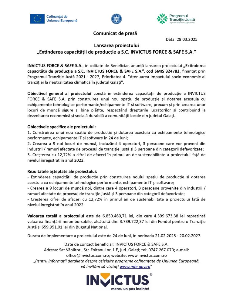 Comunicat de presă INVICTUS FORCE & SAFE S.A.