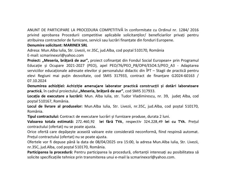 Anunț de participare MARINEX SRL