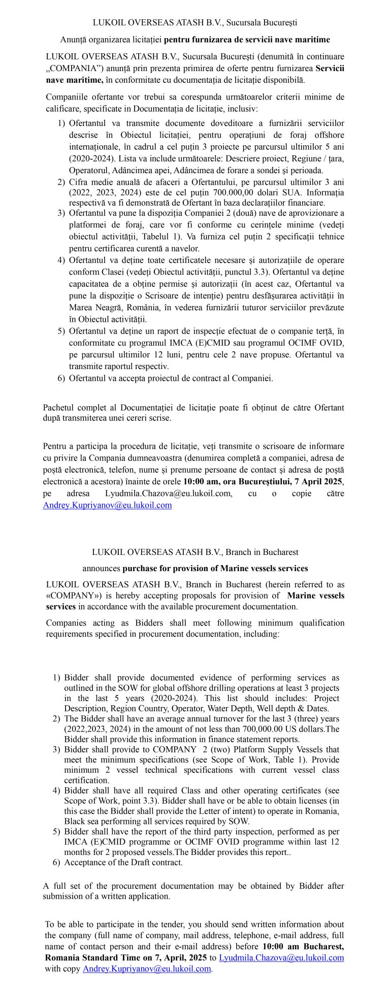 Anunț LUKOIL OVERSEAS ATASH B.V.