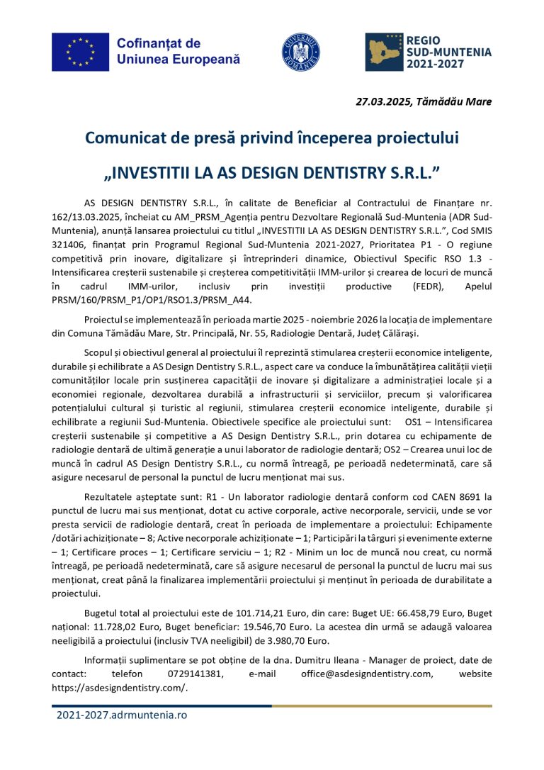 Comunicat de presă AS DESIGN DENTISTRY SRL