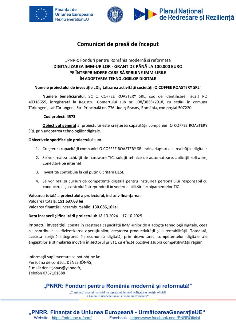 Comunicat de presă Q COFFEE ROASTERY SRL