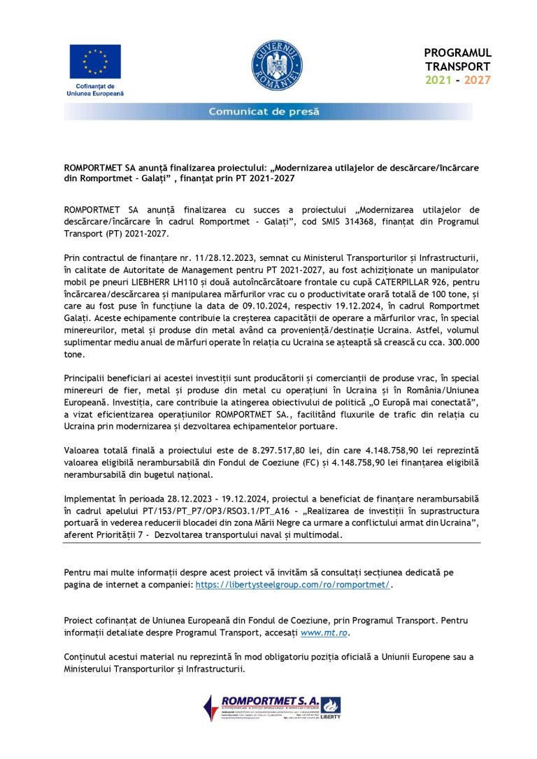 Comunicat de presă ROMPORTMET SA