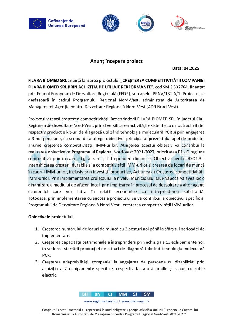 Comunicat de presă Filara Biomed SRL