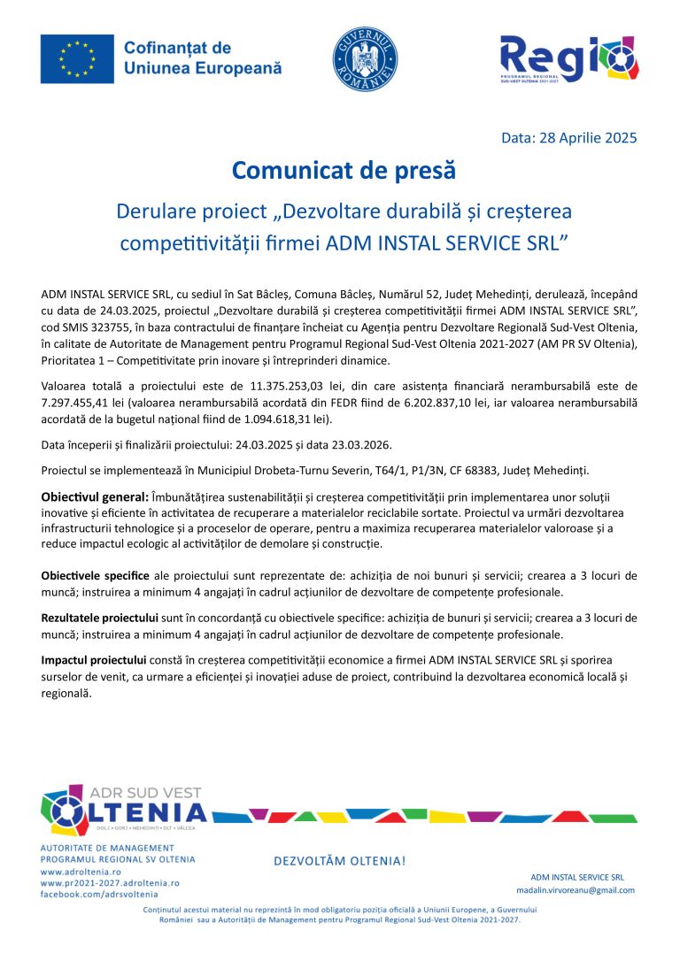 Comunicat de presă ADM INSTAL SERVICE SRL