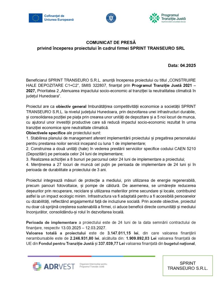Comunicat de presă SPRINT TRANSEURO SRL