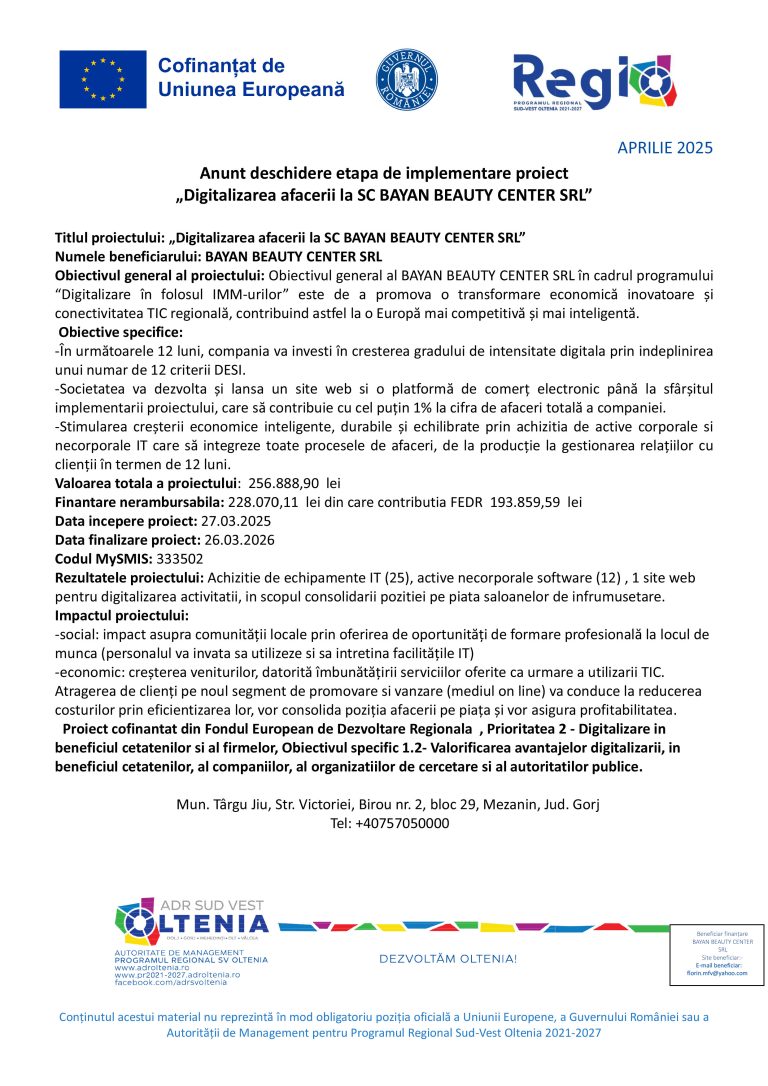 Anunt deschidere etapa de implementare proiect „Digitalizarea afacerii la SC BAYAN BEAUTY CENTER SRL”
