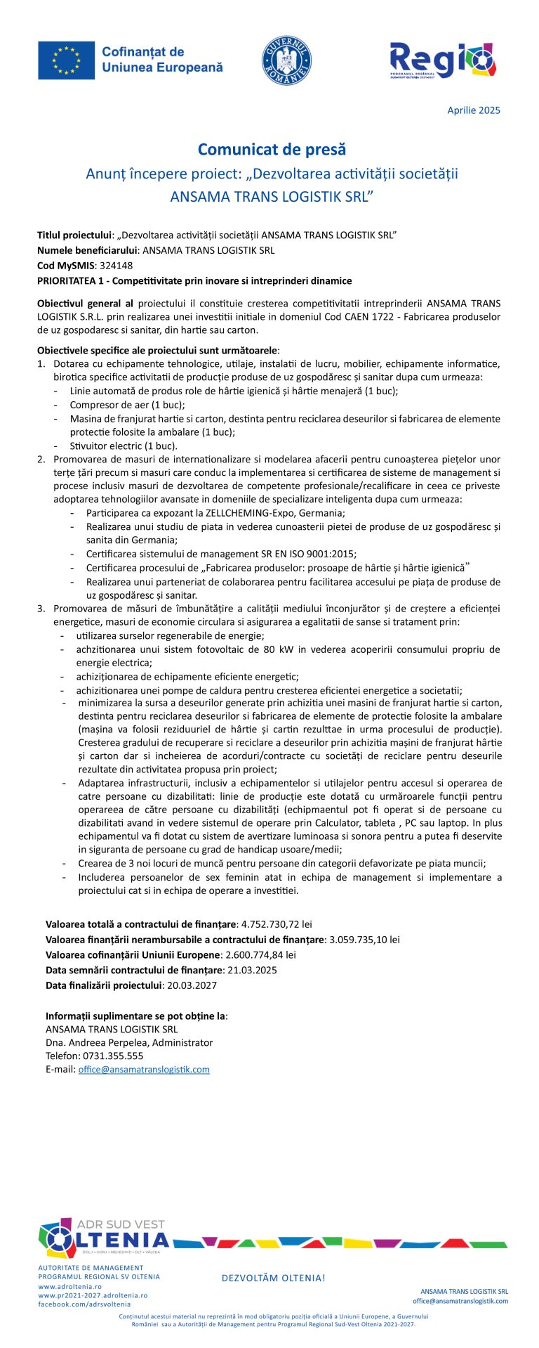 Comunicat de presă ANSAMA TRANS LOGISTIK SRL