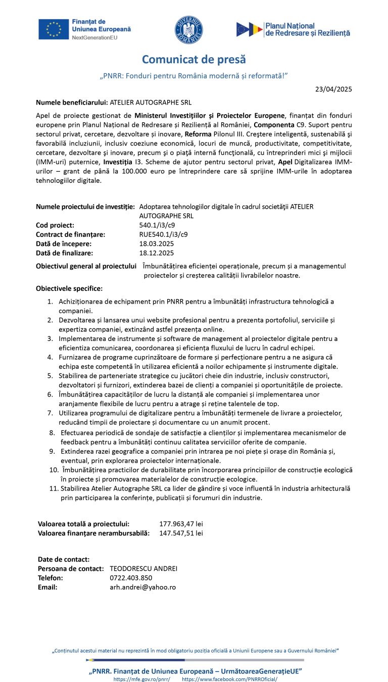 Comunicat de presă ATELIER AUTOGRAPHE SRL
