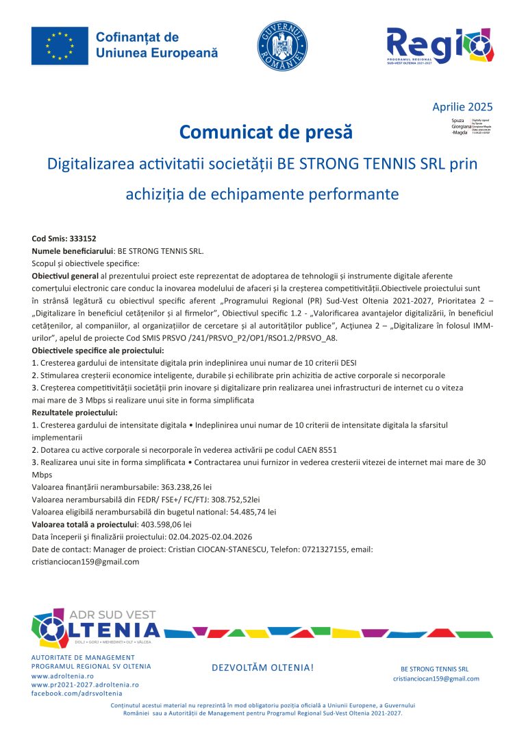 Comunicat de presă BE STRONG TENNIS SRL.